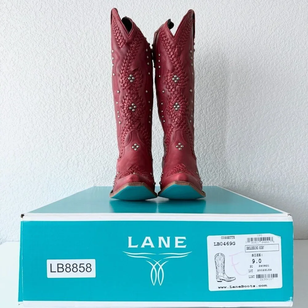 Lane COSSETTE Red Cowboy Boots Womens 9 Western Cowgirl Mid Calf Tall Snip Toe - Picture 10 of 11